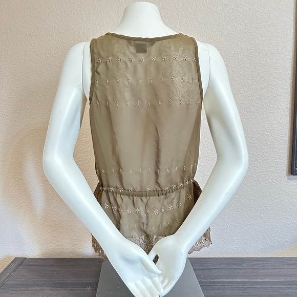 Dark Green • Olive Sheer Sleeveless Shirt with Embroidered Details • - Picture 3 of 4
